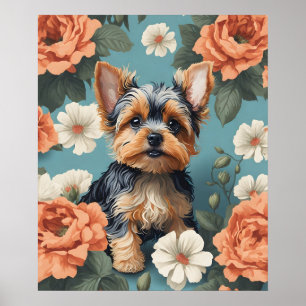 Niedlich Yorkshire Terrier Puppy Floral Poster