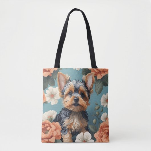 Niedlich Yorkshire Terrier Puppy Floral Tasche (Vorderseite)