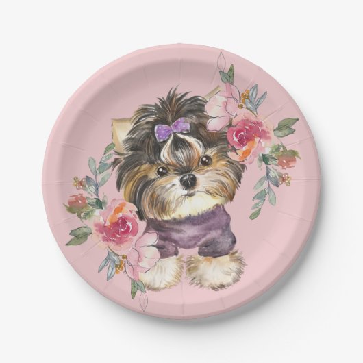 Niedlich Yorkshire Terrier Yorkie und Blume Kunst  Pappteller (Vorderseite)