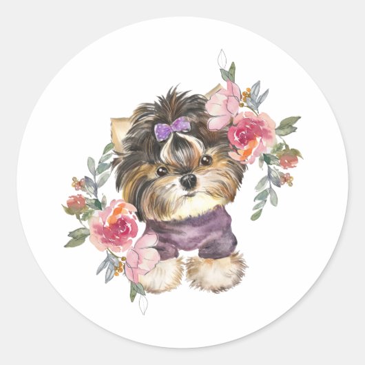 Niedlich Yorkshire Terrier Yorkie und Blume Kunst Runder Aufkleber (Vorderseite)