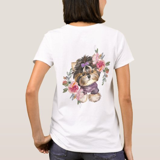 Niedlich Yorkshire Terrier Yorkie und Blume Kunst T-Shirt (Rückseite)