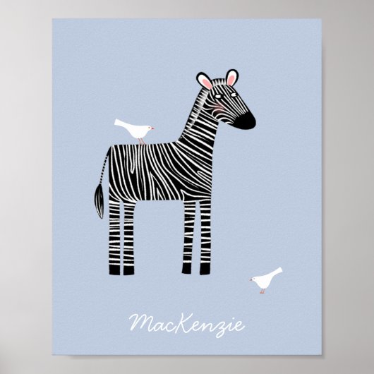 Niedlich Zebra Individuelle Name Blue Poster (Vorne)