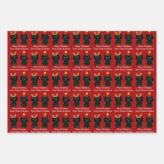 Niedlich zwei Katzen frohe Weihnachtsleuchten Red Geschenkpapier Set (Vorderseite)