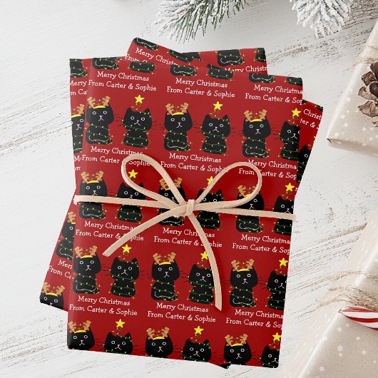Niedlich zwei Katzen frohe Weihnachtsleuchten Red Geschenkpapier Set