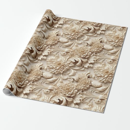 Niedliche 3-D Ivory/Gold Weihnachten Florals Geschenkpapier (Ungerollt)
