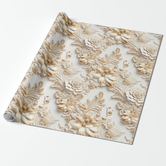 Niedliche 3-D Ivory/Gold Weihnachten Florals Geschenkpapier (Ungerollt)