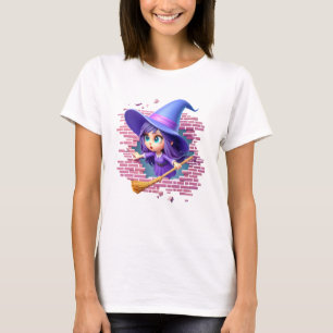 Niedliche 3D-Halloween-Hexe bricht durch eine Maue T-Shirt