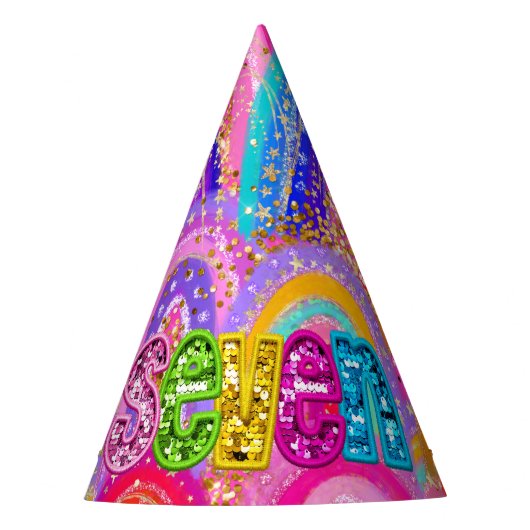 Niedliche 7. Regenbogensequenz Gold Glitzer Maxima Partyhütchen (Vorderseite)