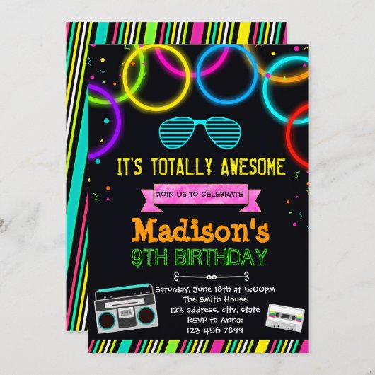 Niedliche 80er-Party Einladung (Vorne/Hinten)