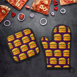 Niedliche 8-Bit Burger-Farbe Schnelle Lebensmittel Ofenhandschuh & Topflappen-Set