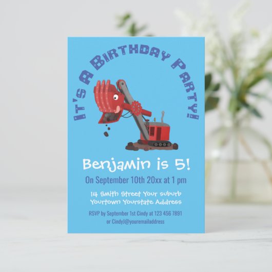 Niedliche Abbildung des Cartoon mit rotem Dampf Einladung (Stehend Vorderseite)