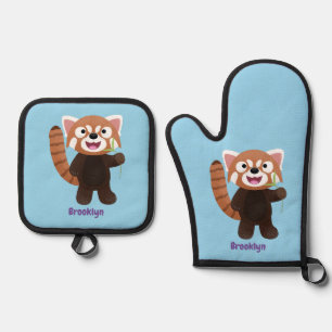 Niedliche Abbildung eines roten Panda-Cartoon Ofenhandschuh & Topflappen-Set