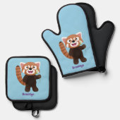 Niedliche Abbildung eines roten Panda-Cartoon Ofenhandschuh & Topflappen-Set (Vorderseite/Rückseite)