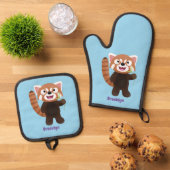 Niedliche Abbildung eines roten Panda-Cartoon Ofenhandschuh & Topflappen-Set (Oben Unten)