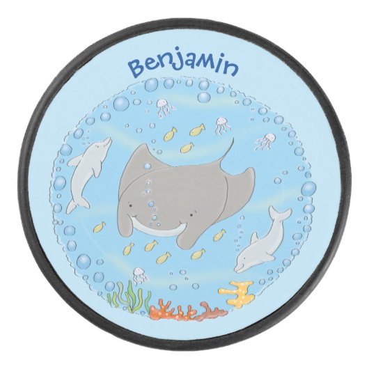 Niedliche Abbildung von Mantarochen und Blasen Car Eishockey Puck (Vorderseite)