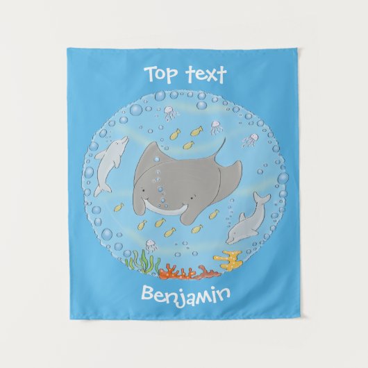 Niedliche Abbildung von Mantarochen und Blasen Car Wandteppich (Vorderseite)