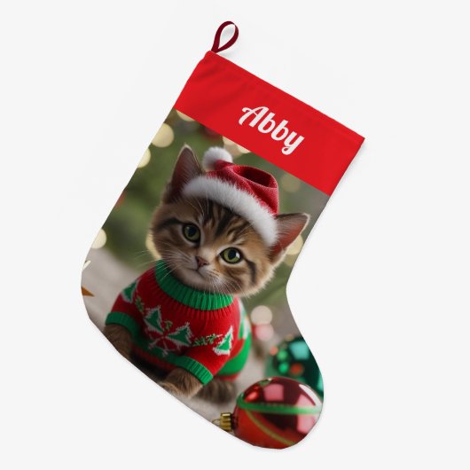 Niedliche Abessinienkatze Weihnachten Personalisie Großer Weihnachtsstrumpf (Vorderansicht (hängend))