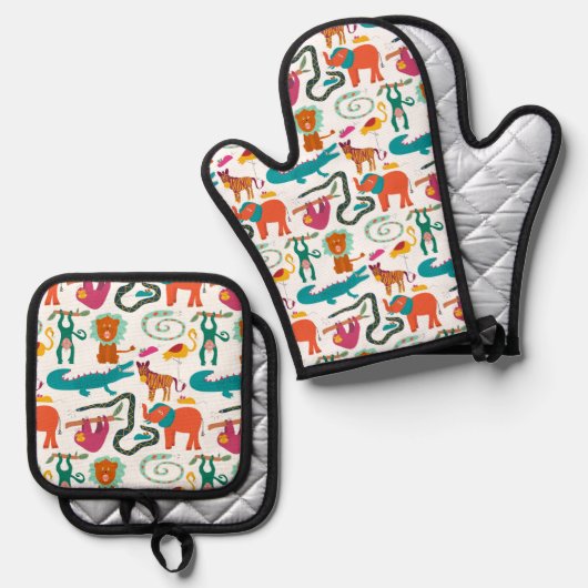 Niedliche Abstrakte Tiere Kindermuster Ofenhandschuh & Topflappen-Set (Vorderseite/Rückseite)