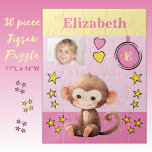 Niedliche Affen Foto Name Rosa Gelbe Kinder Puzzle<br><div class="desc">30 Stück Puzzle für Kinder. Mit einem niedlichen Affen,  mit Sternen und Lieben. Fügen Sie einen Namen,  ein Initial und ein Foto hinzu. Farbschema: rosa und gelb Geschenkidee für Kinder.</div>