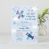 Niedliche Airplane Stars Clouds Babydusche Einladung (Stehend Vorderseite)