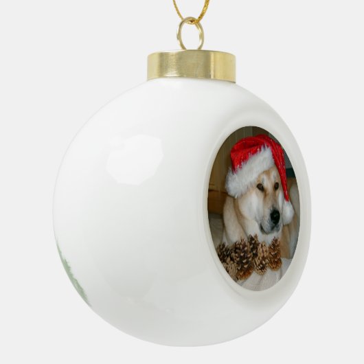 Niedliche akita in roter Weihnachtsmannmütze mit W Keramik Kugel-Ornament (Links)