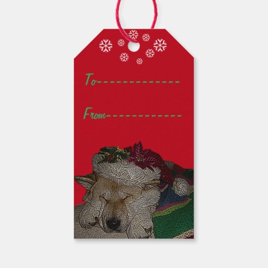 Niedliche akita in Weihnachtsmannmütze schlafend W Geschenkanhänger (Rückseite)