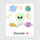 Niedliche Alien Kopf mit Planeten, UFO und Sternen Aufkleber (Blatt)