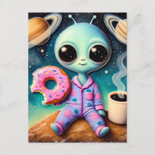 Niedliche Alien mit Kaffee und Donut im Weltraum Postkarte