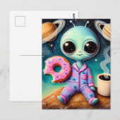 Niedliche Alien mit Kaffee und Donut im Weltraum Postkarte (Vorne/Hinten)