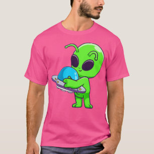Niedliche Alien umarmt einen Ufo-Cartoon. T-Shirt