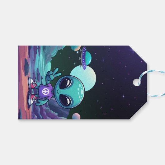 Niedliche Alien und Raumfahrt Geschenkanhänger (Vorderseite (Horizontal))