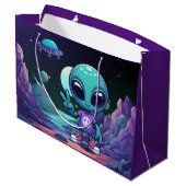 Niedliche Alien und Raumfahrt Große Geschenktüte (Rückseite Schrägansicht)