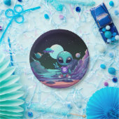 Niedliche Alien und Raumfahrt Pappteller (Party)