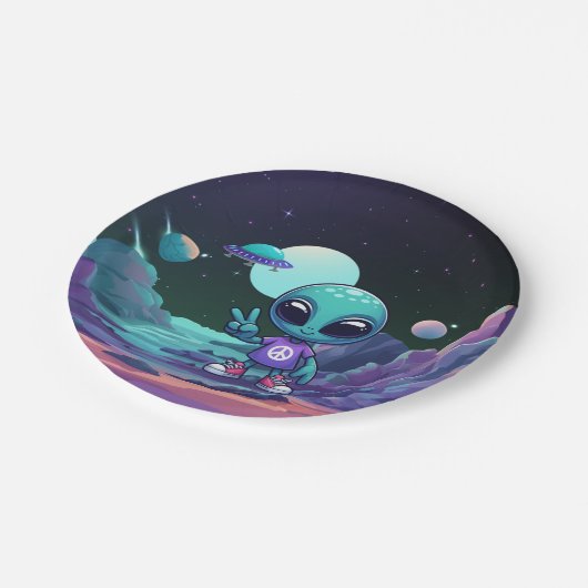 Niedliche Alien und Raumfahrt Pappteller (Schrägansicht)