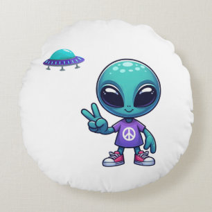 Niedliche Alien und Raumfahrt Rundes Kissen