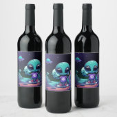 Niedliche Alien und Raumfahrt Weinetikett (Flaschen)