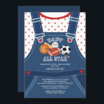 Niedliche ALL STAR SPORT Kinderdusche Einladung<br><div class="desc">Alle Star Baby Shower Einladung mit den niedlichen Babywänden mit Baseball,  Fußball,  Basketball,  Fußball und Baseballschläger. Einzigartige Boys Babydusche lädt zu einem sportlichen Baseball Jungs Babyduschthema ein.</div>