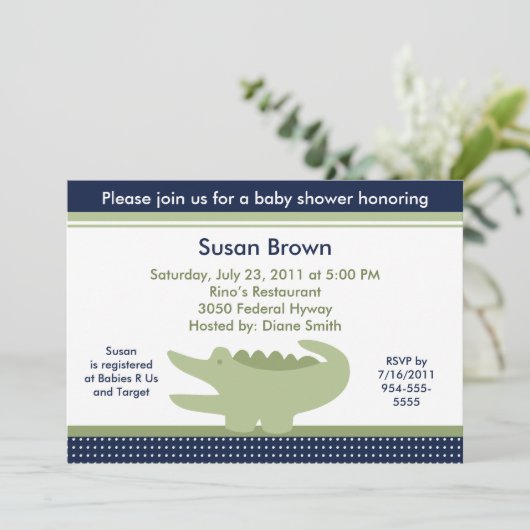 Niedliche Alligator Kinderdusche Einladung (Stehend Vorderseite)