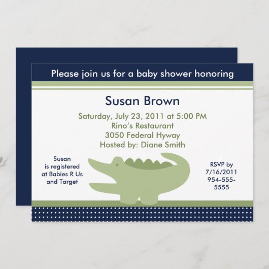 Niedliche Alligator Kinderdusche Einladung (Vorne/Hinten)