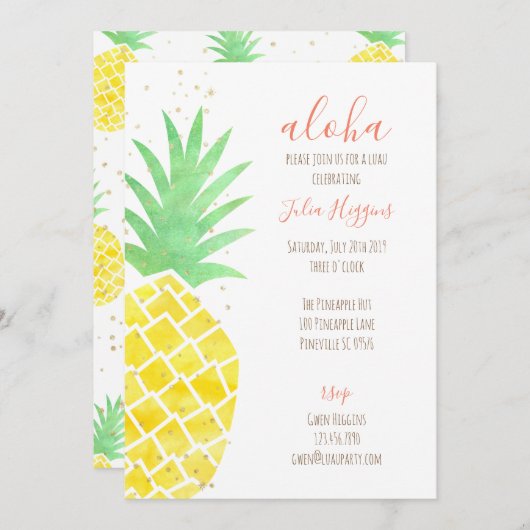Niedliche Aloha Tropical Watercolor Ananas mit Gol Einladung (Vorne/Hinten)
