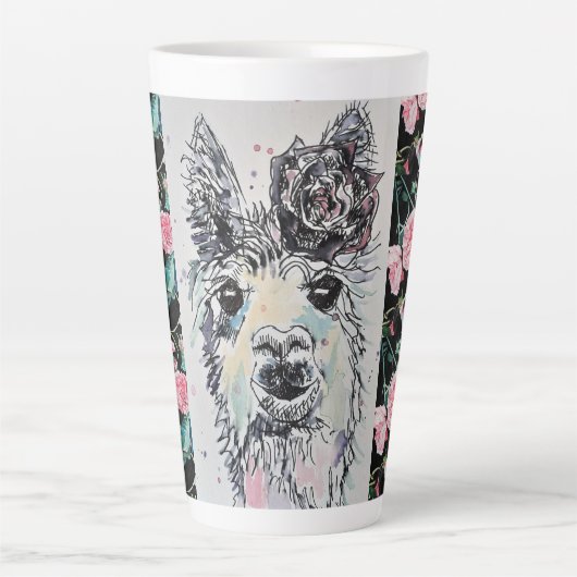 Niedliche Alpacca Llama Rose Wasserfarbe Latte Tas Milchtasse (Vorderseite)