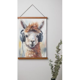 Niedliche Alpakawolle mit Kopfhörer Wandteppich Mit Holzrahmen