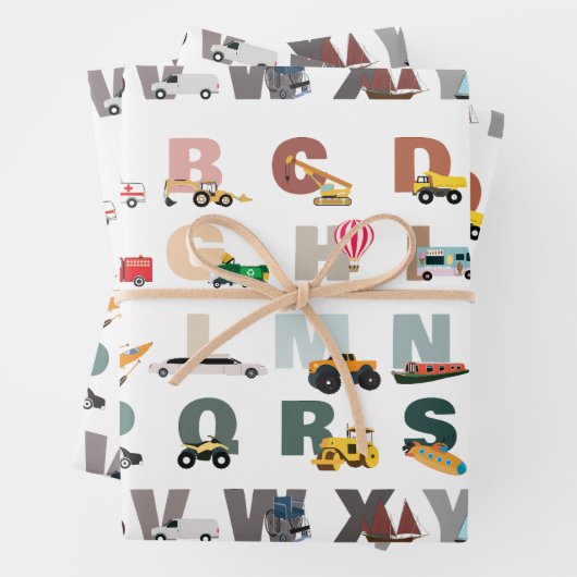Niedliche Alphabet-ABC-LKWs, Transportfahrzeuge Geschenkpapier Set (Beispiel)