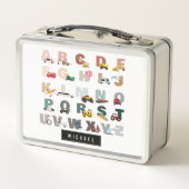 Niedliche Alphabet-ABC-LKWs, Transportfahrzeuge Metall Brotdose (Rückseite)