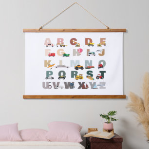 Niedliche Alphabet-ABC-LKWs, Transportfahrzeuge Wandteppich Mit Holzrahmen