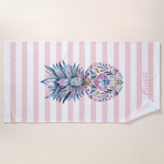 Niedliche Ananas, farbenfroh, rosa Streifen Strandtuch (Vorderseite)