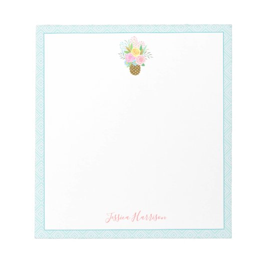 Niedliche Ananas Rose Bouquet Pink Türkis Notizblock (Vorderseite)