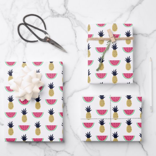 Niedliche Ananas & Watermelon Doodle Muster Geschenkpapier Set (Vorderseite)