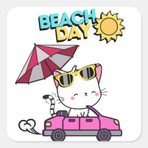 Niedliche Angora White Cat zum Strand Quadratischer Aufkleber