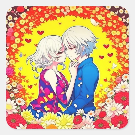 Niedliche Anime Couple, Herz und Blume Quadratischer Aufkleber (Vorderseite)